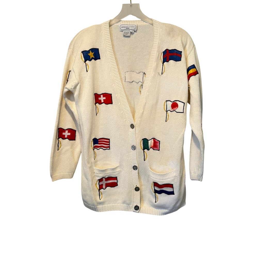 Adrienne Vittadini Sport Vintage Flag Knit Cardigan Cream Cotton Womens Large